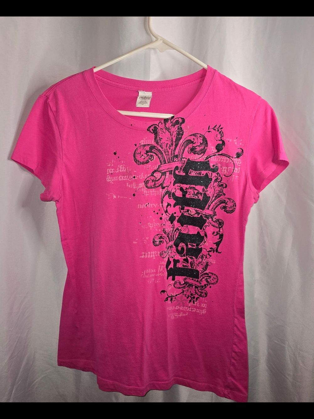 Hot Pink Short Sleeve Tee with Black Graphic FAITH printed, y2k, graphic Tee